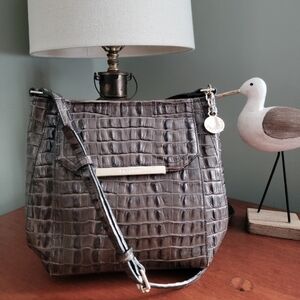 Brahmin Mini Arden La Scala Embossed Leather Gray Crossbody Bag Purse